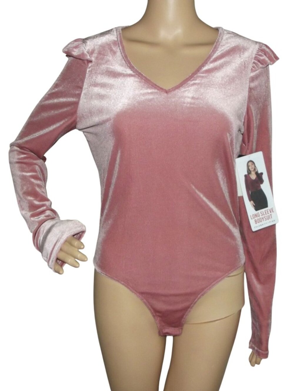 Celebrity Pink Velvet Bodysuit Womens Medium Pink Elderberry v-neck Long Sleeve